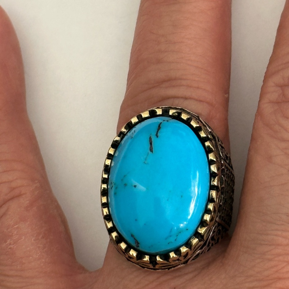 925 Silver 9.75 size ring turquoise blue oval stone